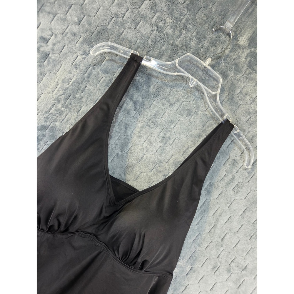 Black Tankini Swim Top V-Neck Adjustable Straps Empire Waist Ruched Bust